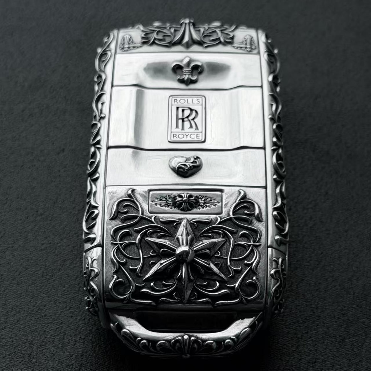 Handcrafted silver car key case, front view
