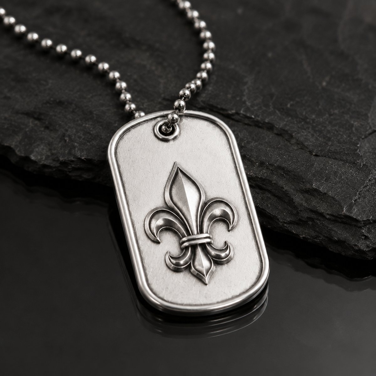 Ignis Flower-de-Luce 925 Silver I.D. Tag, front view beside a car key