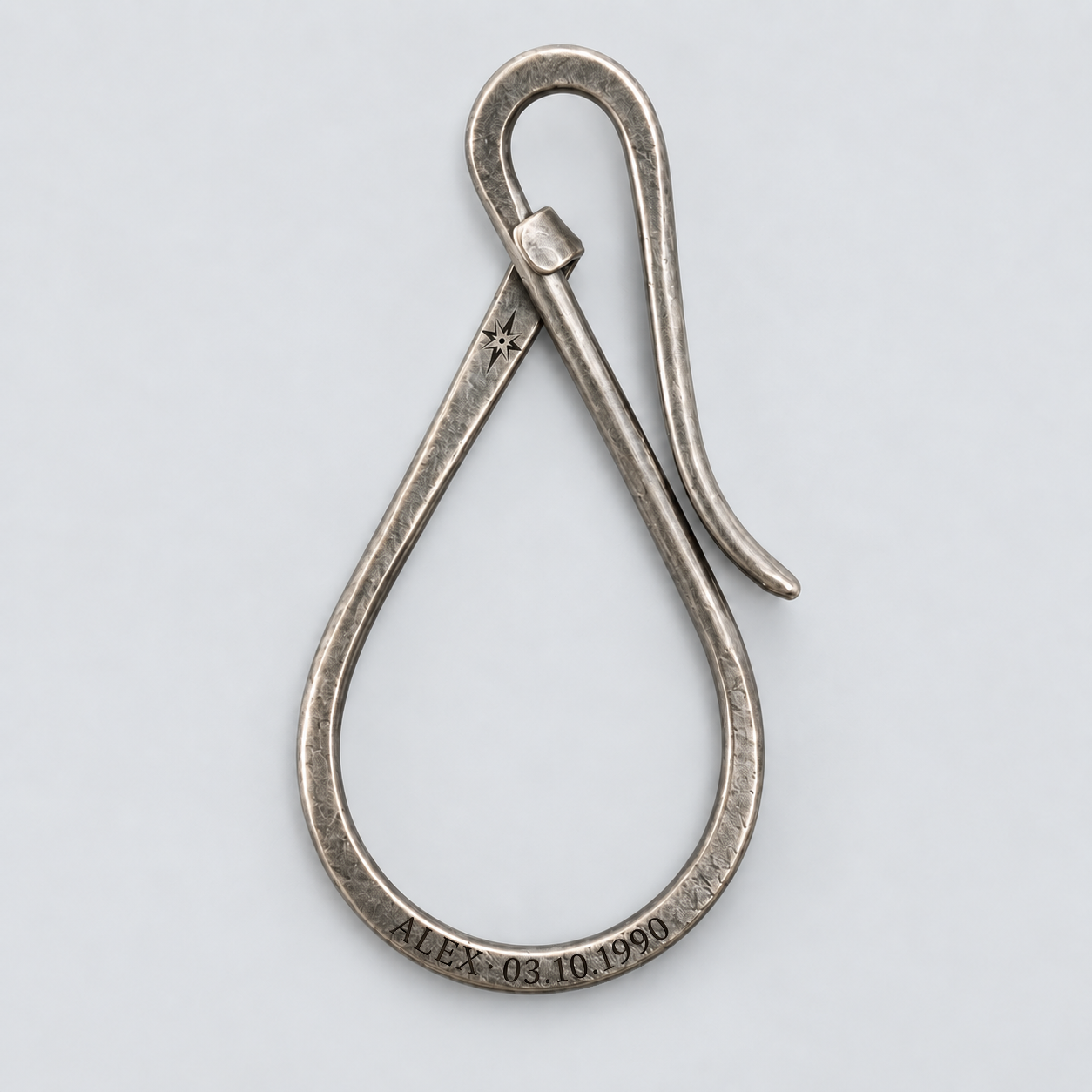 Patina Key Hook front with illustrative name and birthday engraving on the lower loop, official IGNIS ARGENTUM emblem and antique silver finish