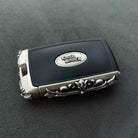 Land Rover Logo Back handcrafted key case Nickel Silver front view with refined edge detailing and iconic Land Rover emblem integration