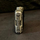 Side profile highlighting the deep sword-style engraving on the solid silver Land Rover key case, transforming standard plastic fob into a refined object