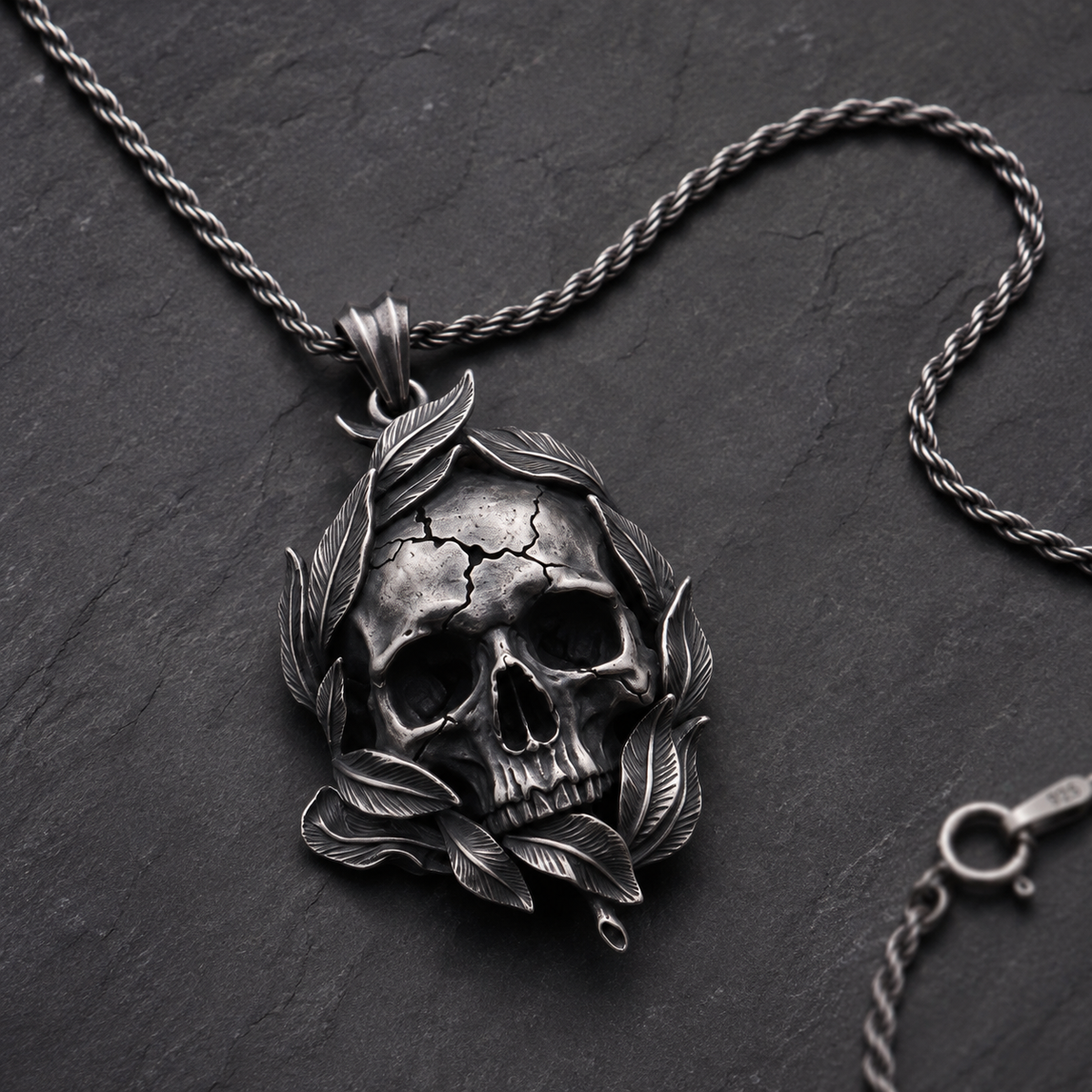 Memento Mori Skull & Feather Pendant, close-up detail