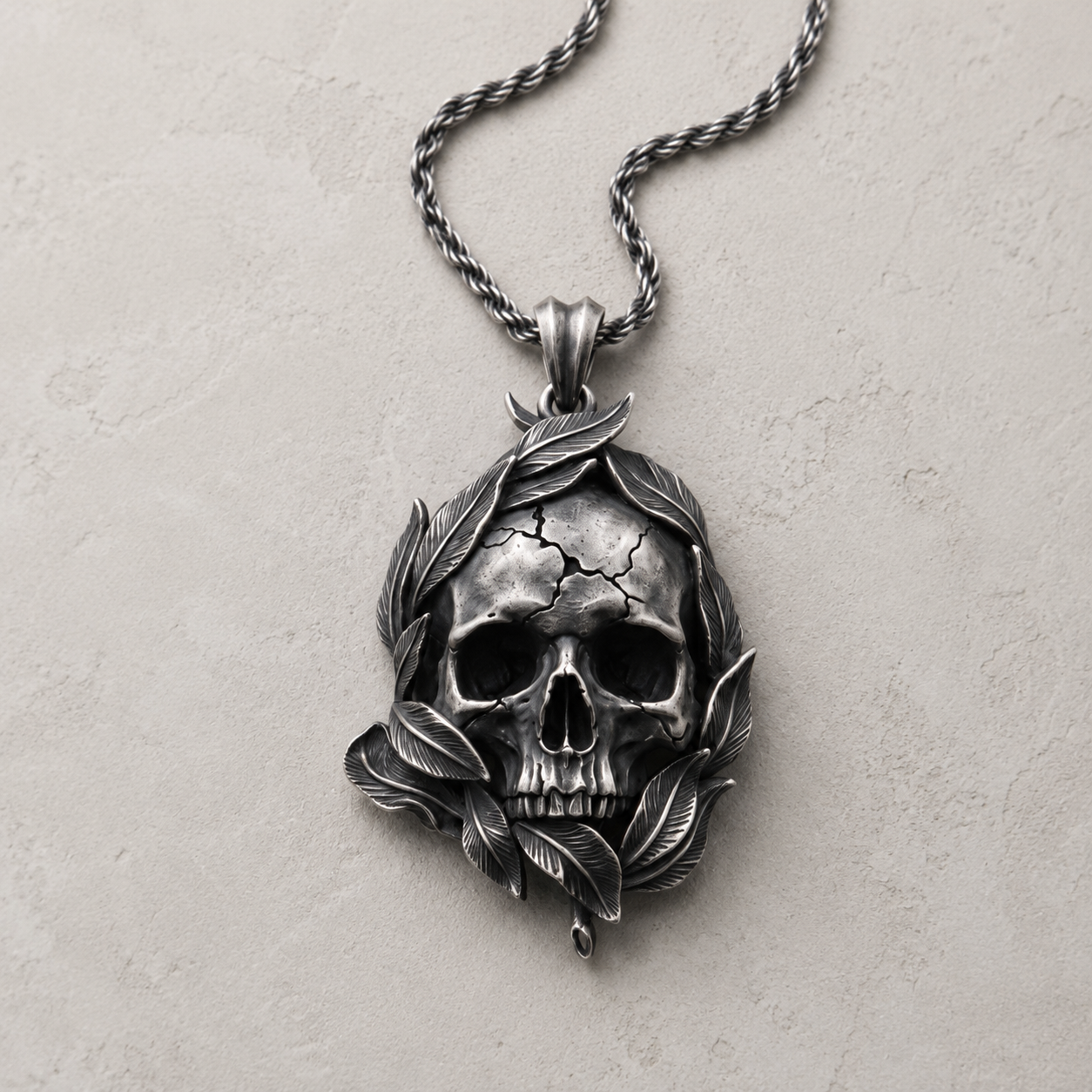 Memento Mori Skull & Feather Pendant, side profile