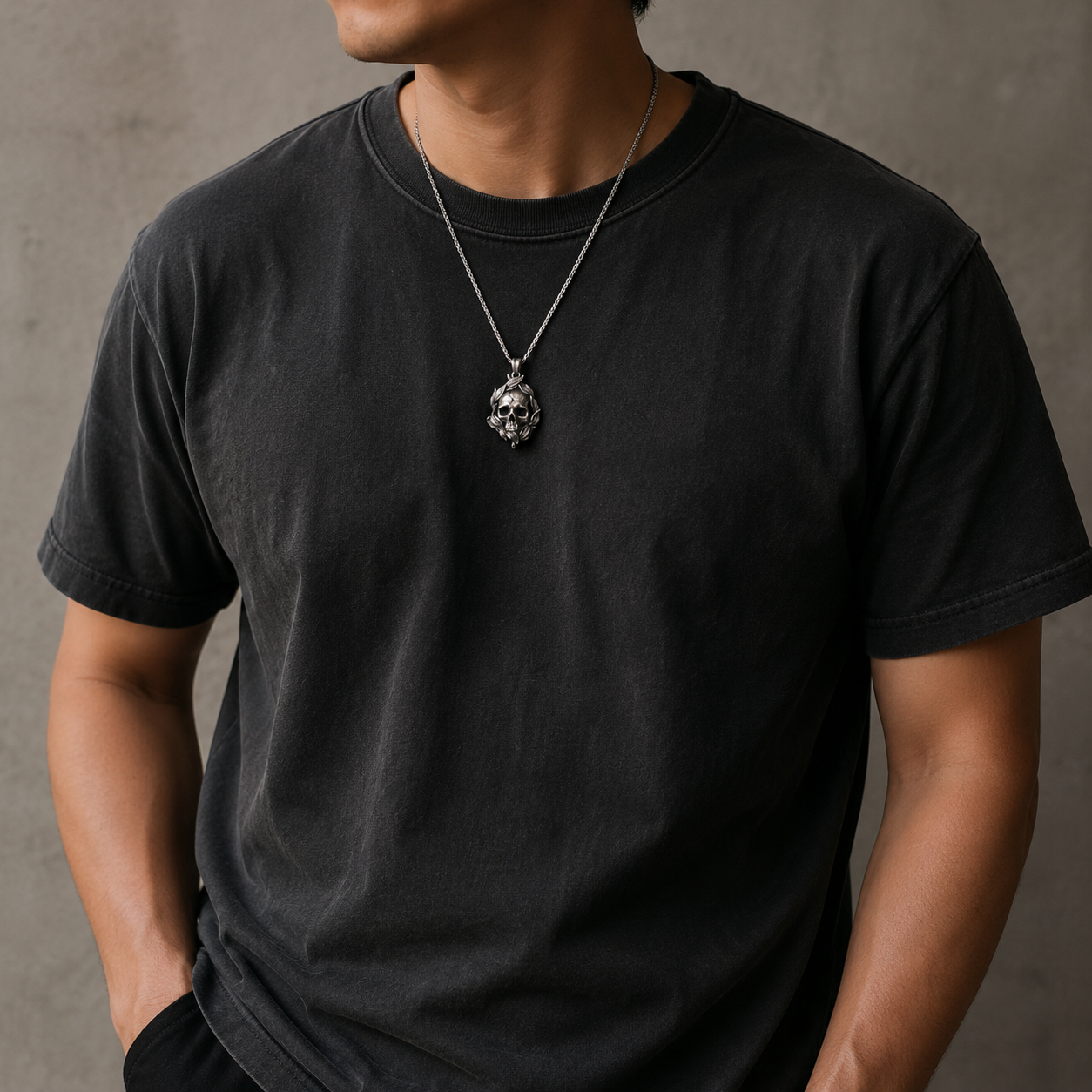 Memento Mori Skull & Feather Pendant, worn on a chain
