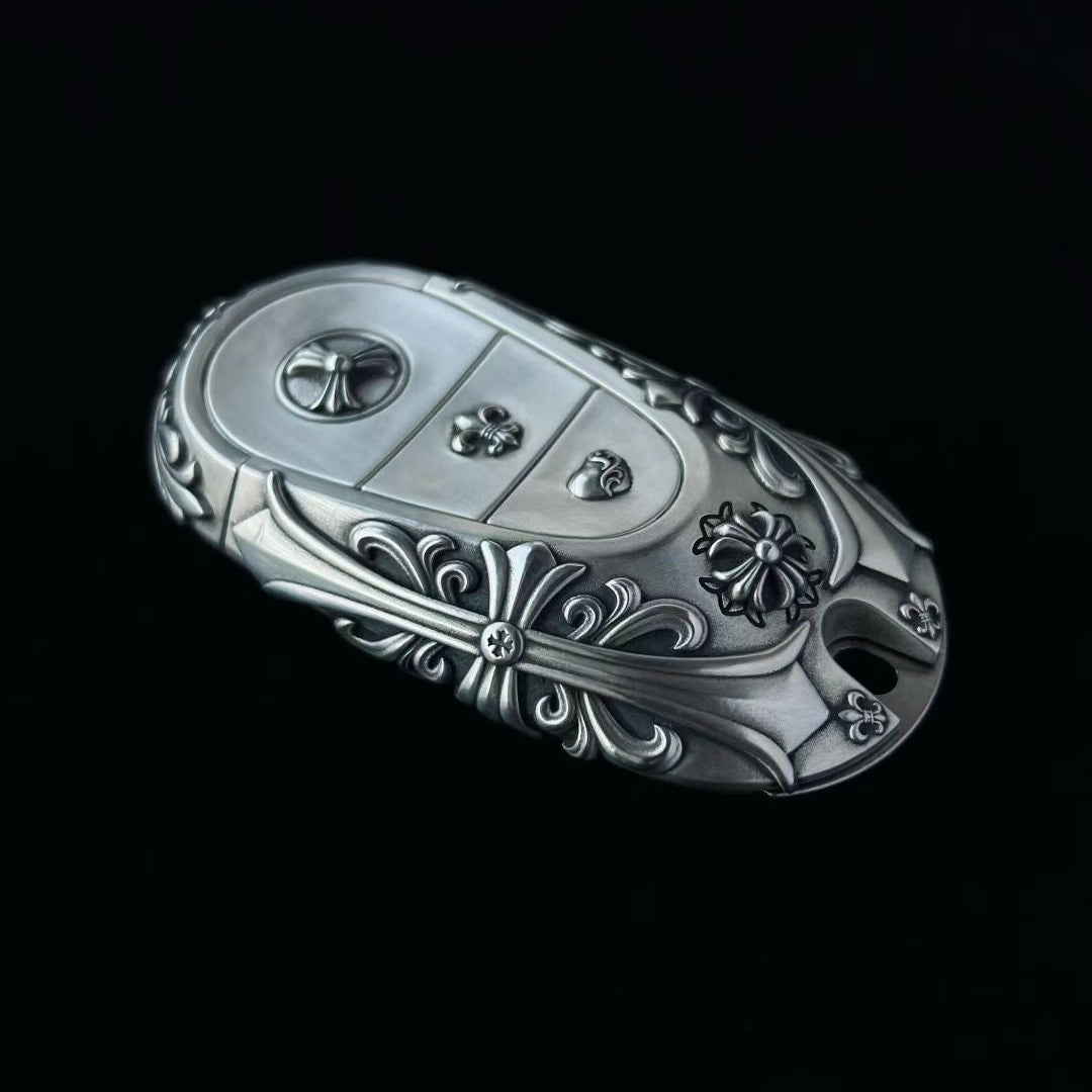 Mercedes Rounded Capsule Button-Covered Key Case, back three-quarter view