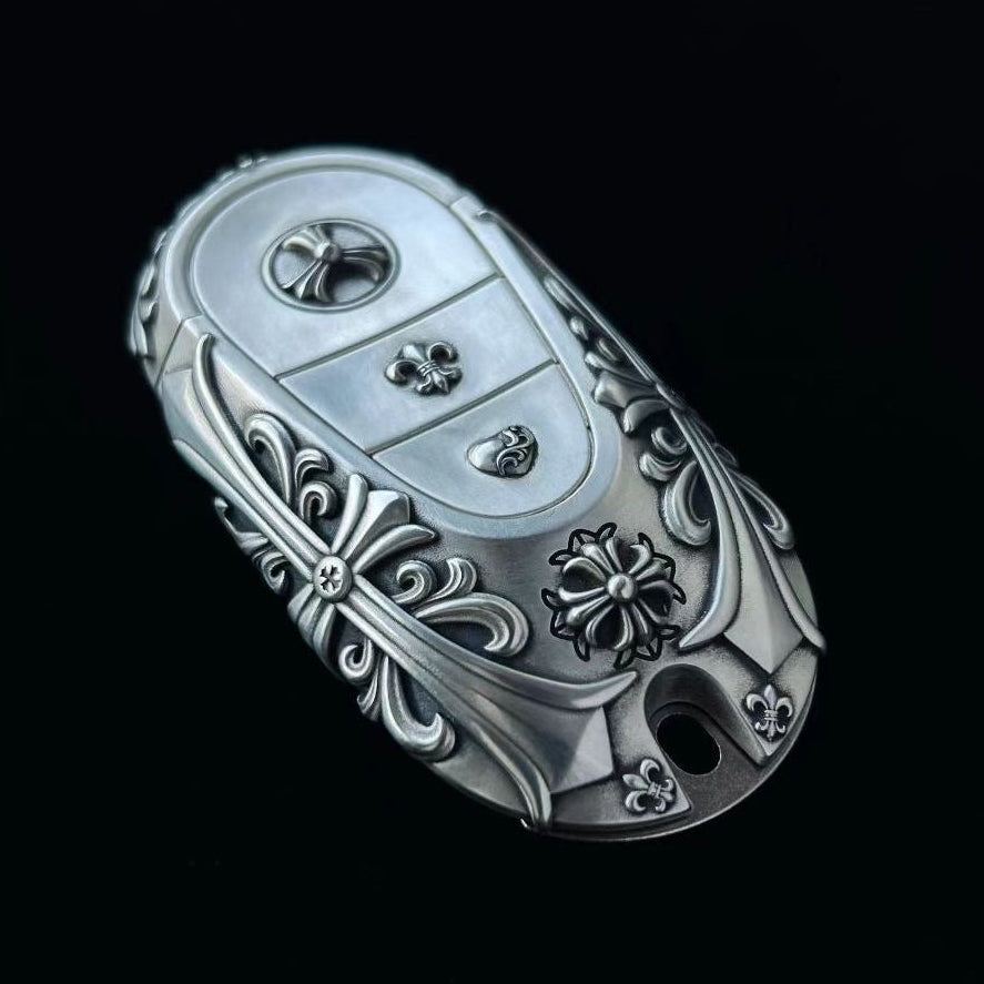 Mercedes Rounded Capsule Button-Covered Key Case, front three-quarter view