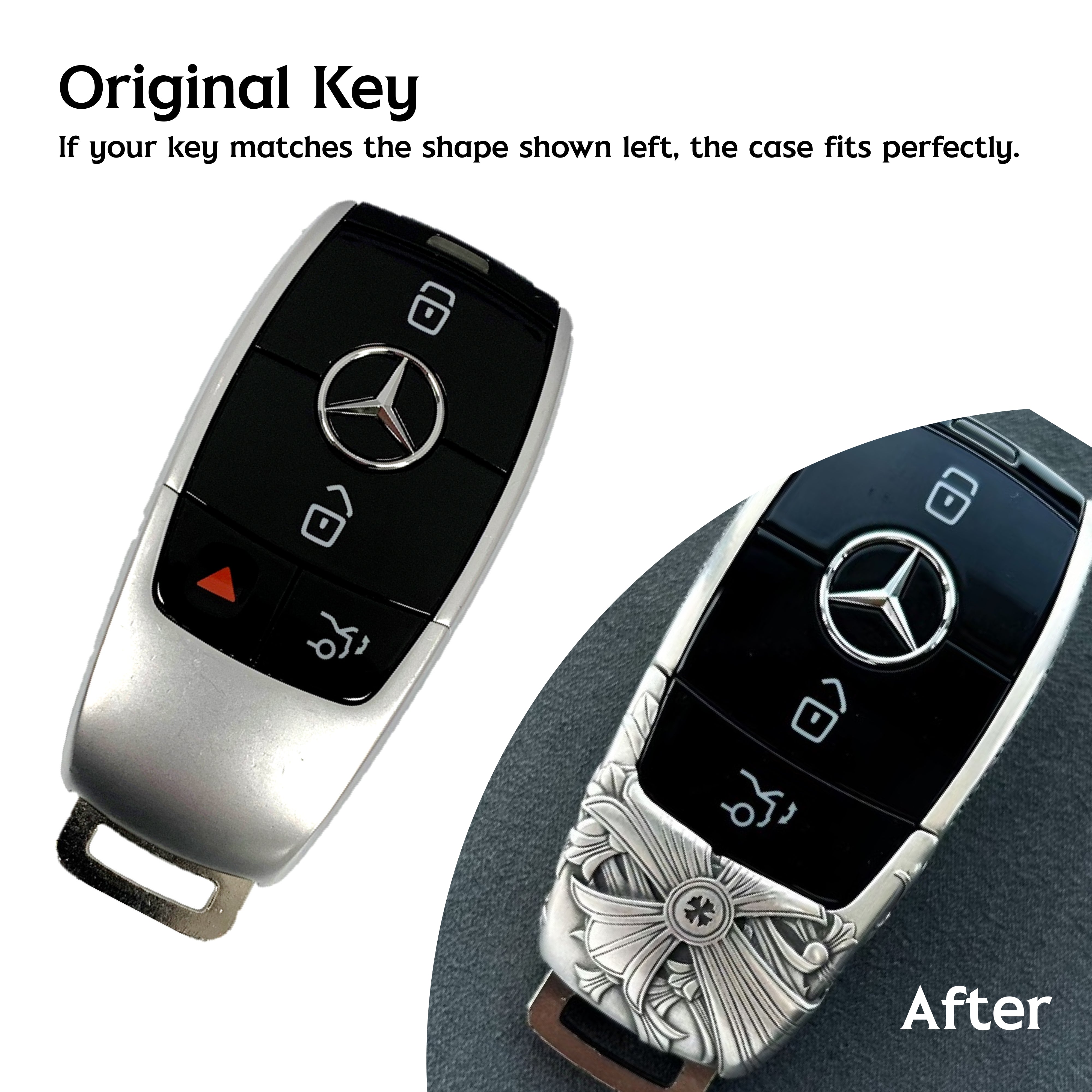 Mercedes slim rectangle key case fits perfectly if shape matches original key before and after comparison showing precise alignment