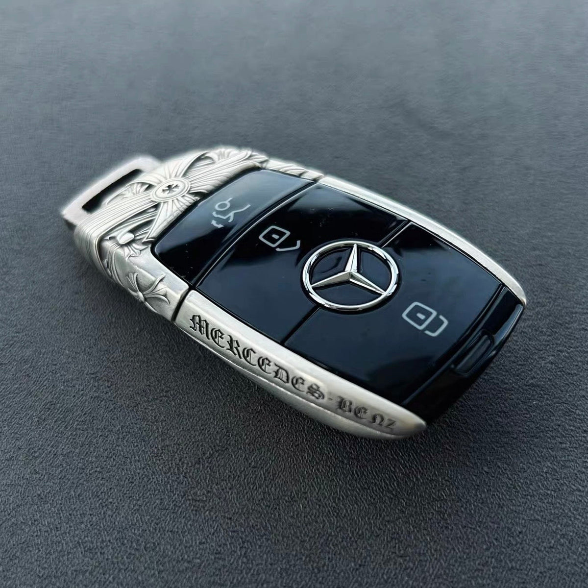 Mercedes Slim Rectangle Silver Key Case, engraved edge detail