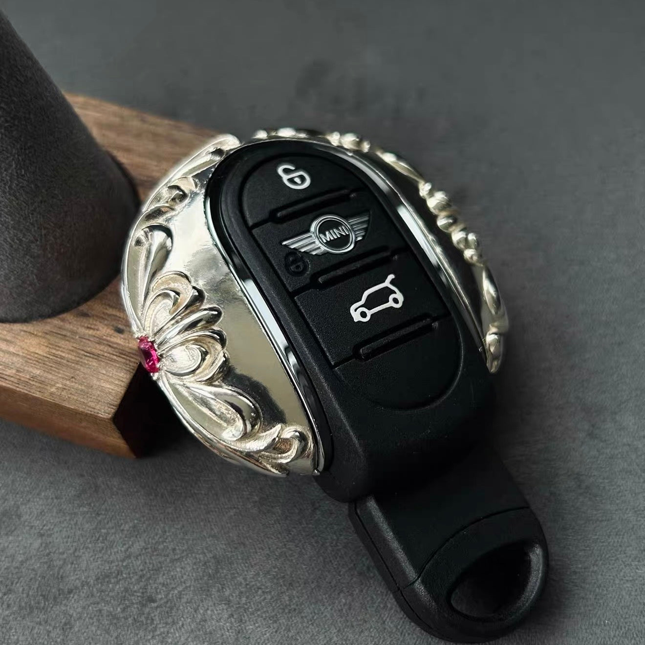 Hand-Engraved Floral Pattern on Sterling Silver MINI Key Shell - Intricate Scrollwork Detail with Red Gemstone Inset, Precision Crafted Heirloom Quality