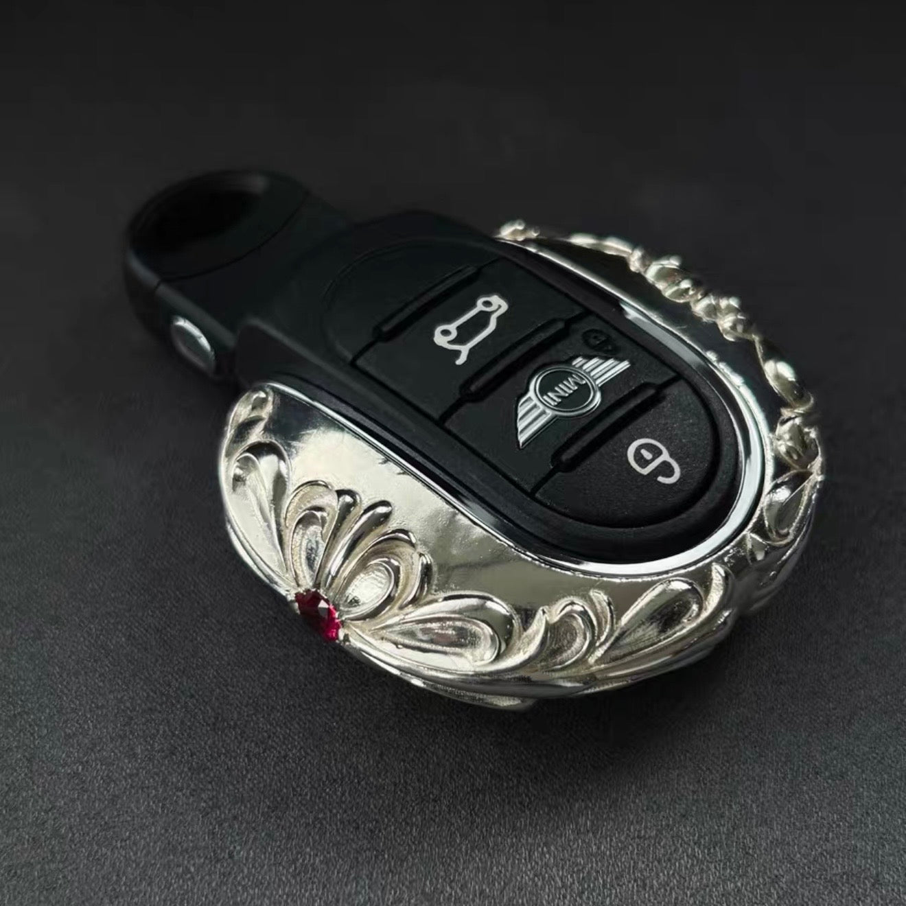 IGNIS ARGENTUM Sterling Silver MINI Key Case - Handcrafted 925 Solid Silver Cover with Floral Engraving and Red Gemstone Accent for Three-Button MINI Cooper Key Fob