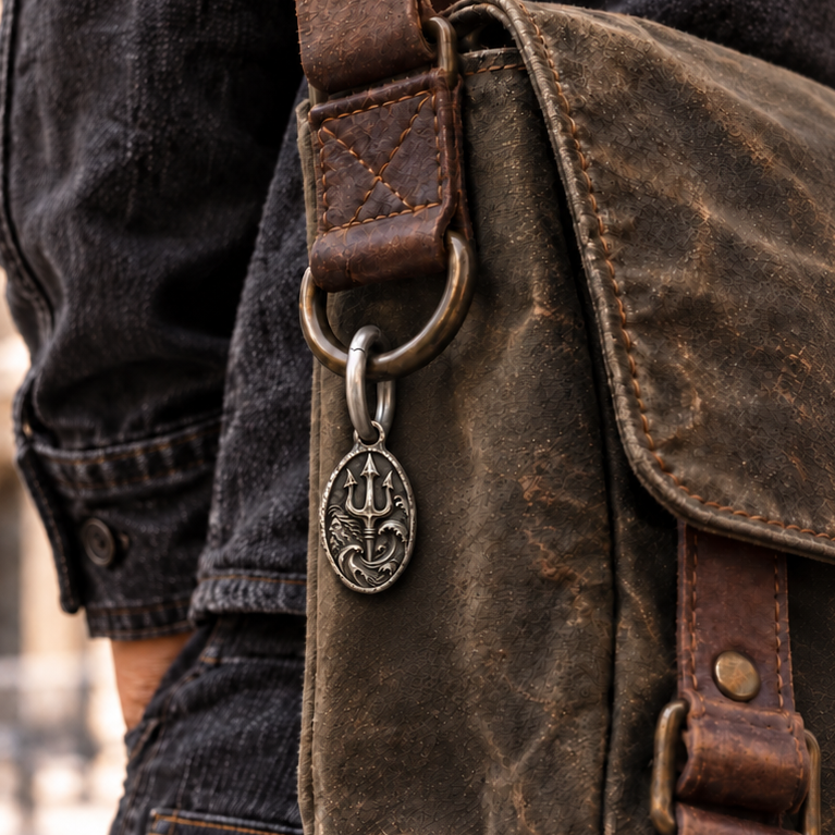 Poseidon charm attached to a bag with the optional ring; design visualization