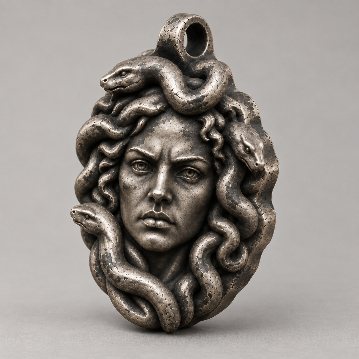 Medusa keychain charm design preview, oblique view