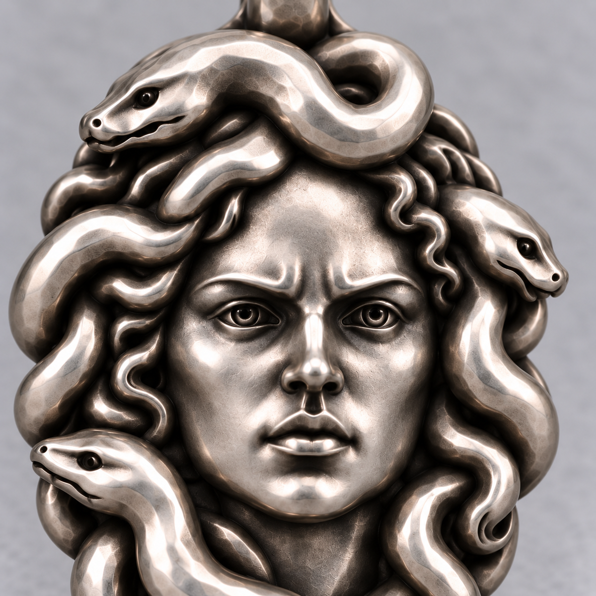 Medusa upgraded pendant — 银质表面近照; design visualization, styling accessories excluded