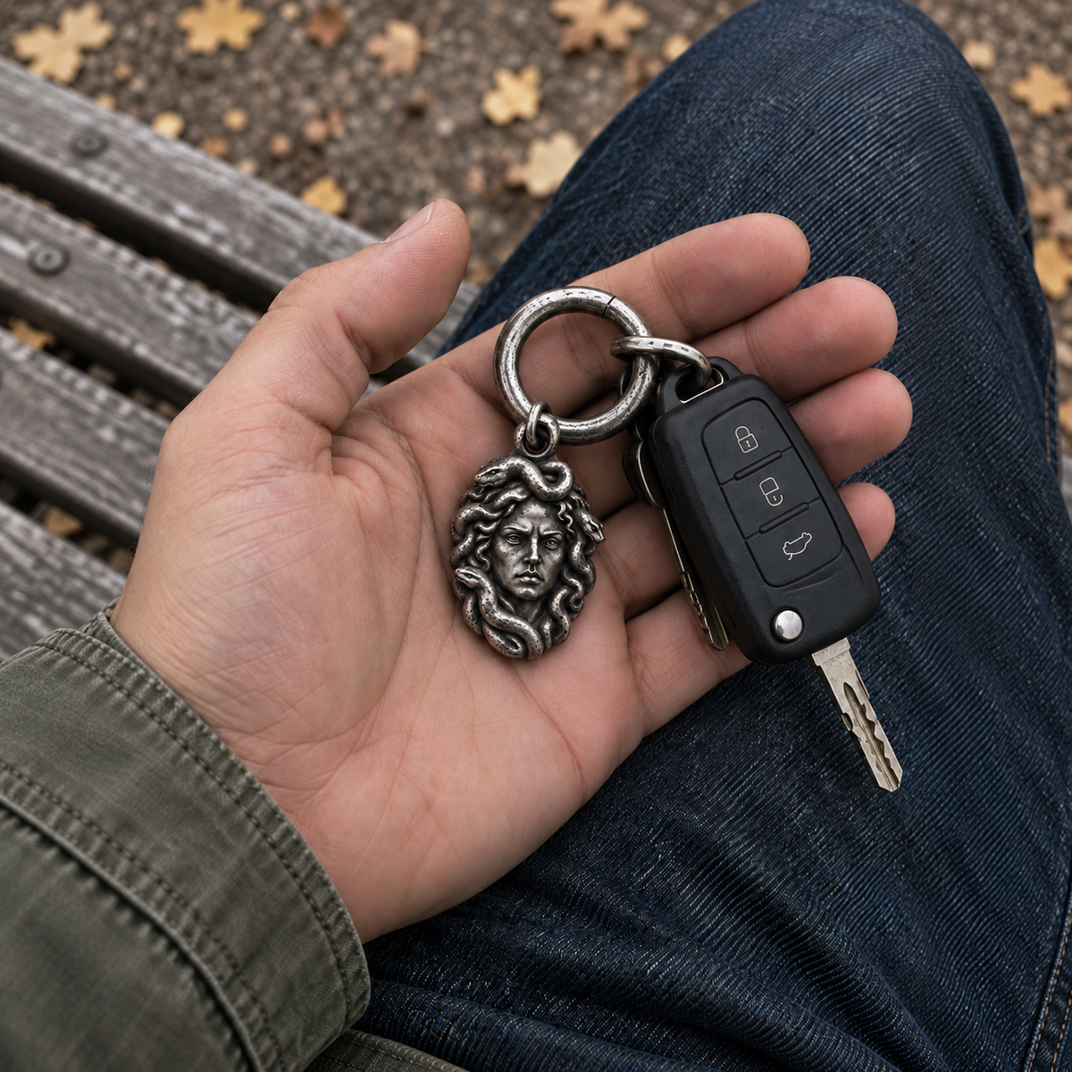 Medusa MYTHOS charm — car-key carrying scene; optional ring shown; design visualization