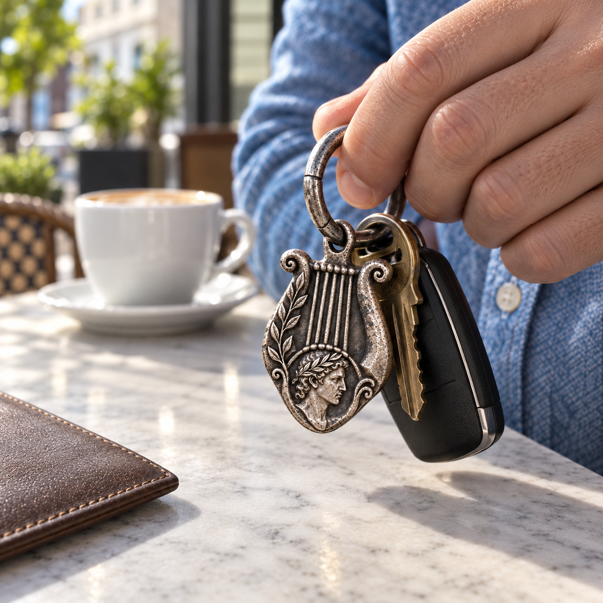 Apollo MYTHOS charm — car-key carrying scene; optional ring shown; design visualization