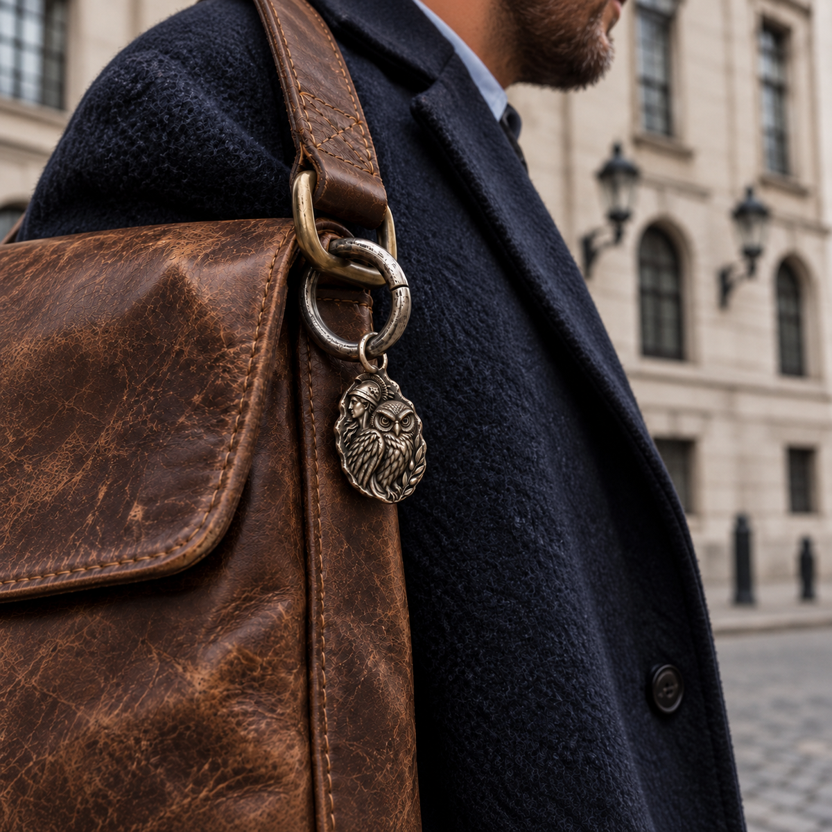 Athena MYTHOS charm — everyday bag or belt carrying; optional ring shown; design visualization