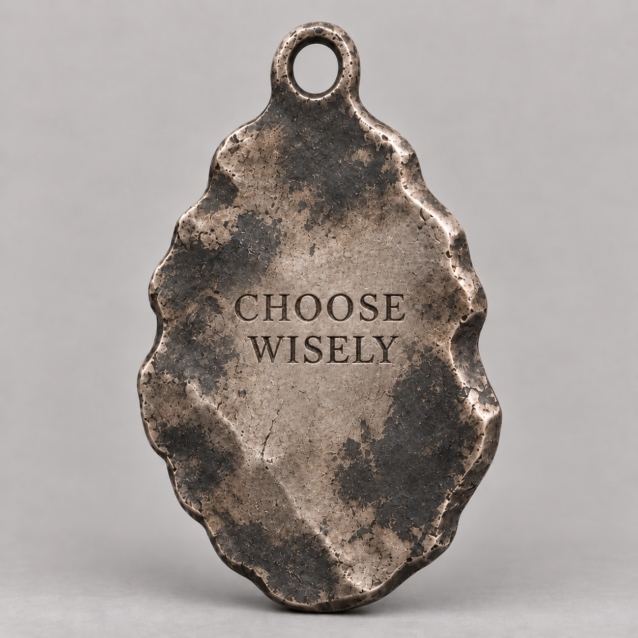 Athena charm, personalized back engraving example: CHOOSE WISELY