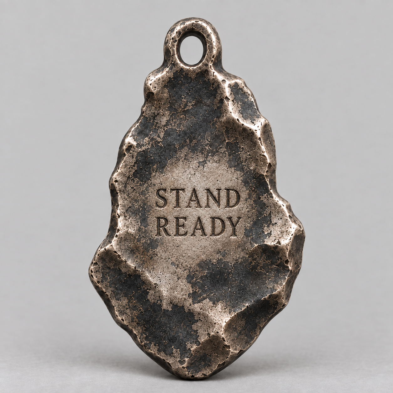Ares charm, personalized back engraving example: STAND READY