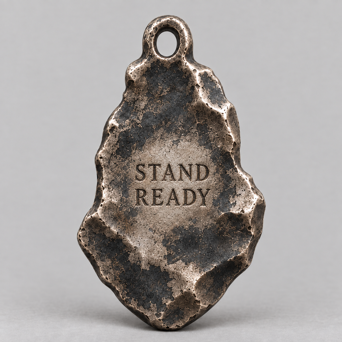 Ares charm, personalized back engraving example: STAND READY