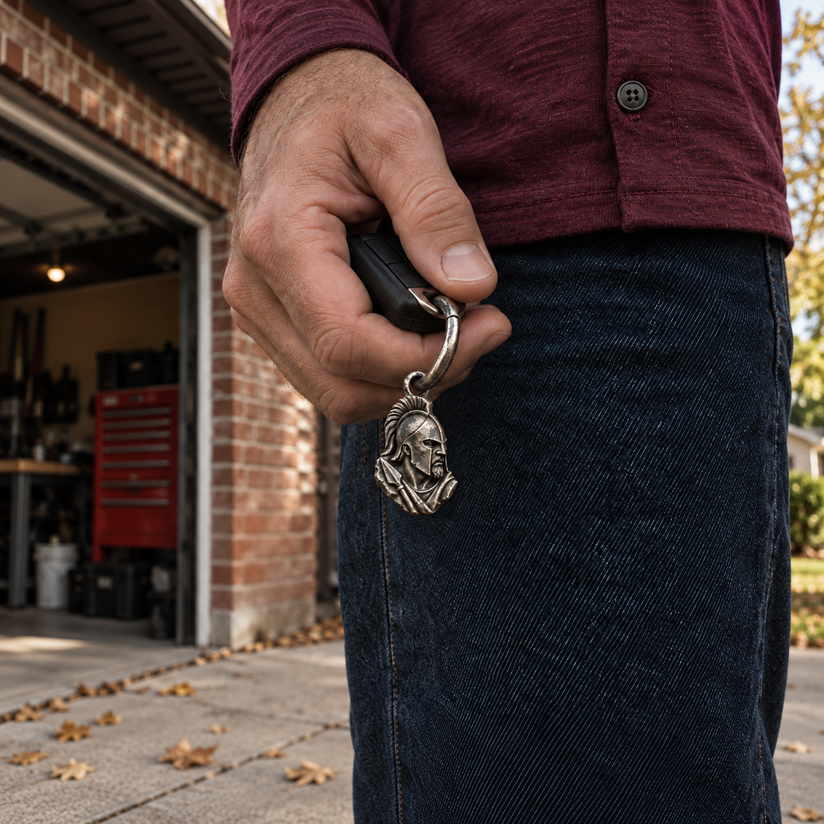 Ares MYTHOS charm — car-key carrying scene; optional ring shown; design visualization