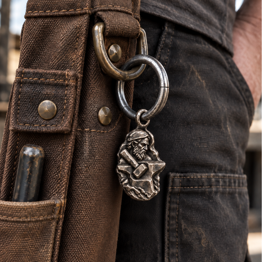 Hephaestus MYTHOS charm — everyday bag or belt carrying; optional ring shown; design visualization