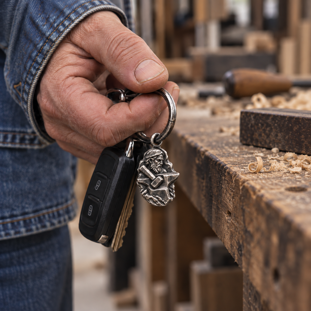 Hephaestus MYTHOS charm — car-key carrying scene; optional ring shown; design visualization