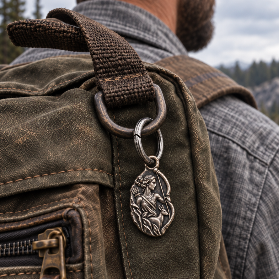 Artemis MYTHOS charm — everyday bag or belt carrying; optional ring shown; design visualization
