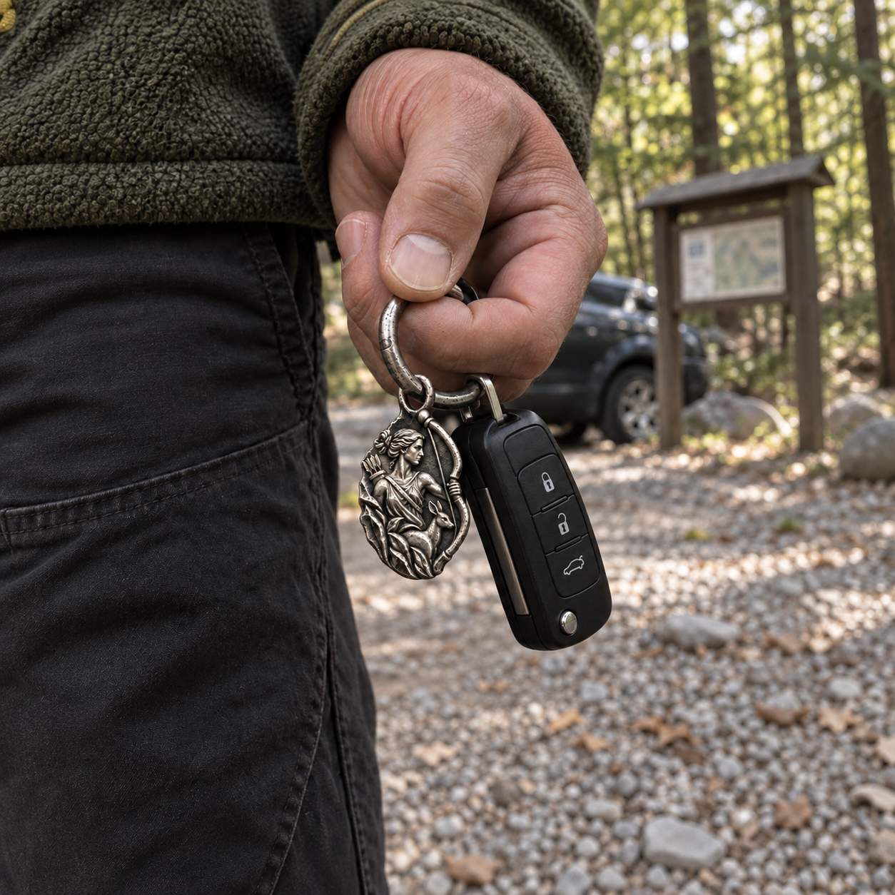 Artemis MYTHOS charm — car-key carrying scene; optional ring shown; design visualization