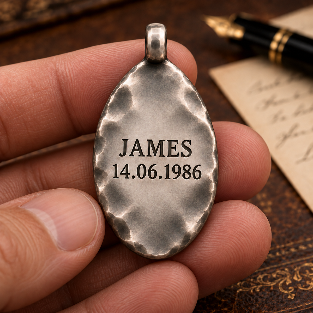 Poseidon pendant reverse with optional JAMES / 14.06.1986 engraving example; design visualization