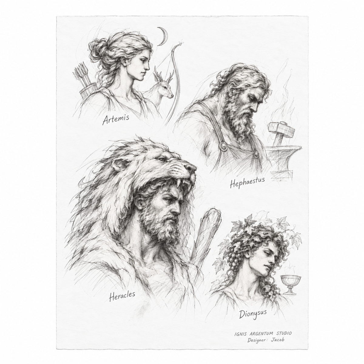Sketch Hephaestus Heracles Artemis Dionysus — design visualization