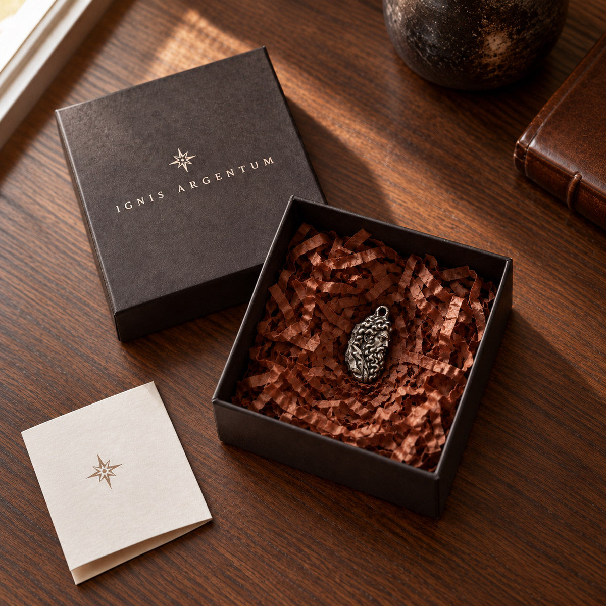 Zeus MYTHOS charm — IGNIS ARGENTUM gift box styling; design visualization