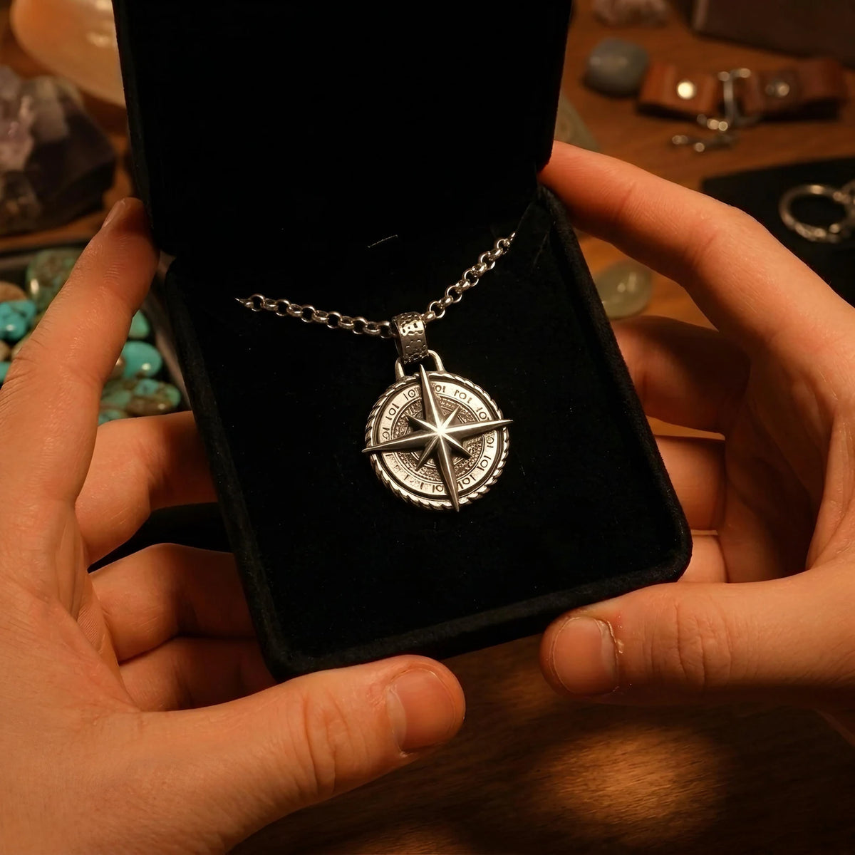 Nautical Compass 925 Silver Pendant, alternate front view