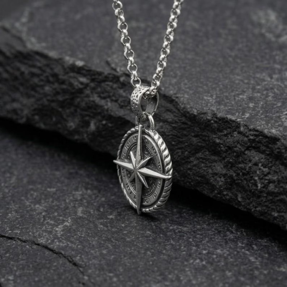 Nautical Compass 925 Silver Pendant, engraved front detail