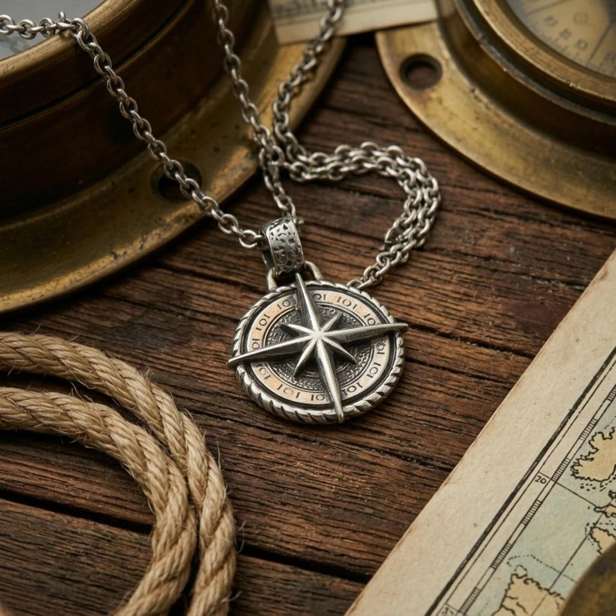Nautical Compass 925 Silver Pendant, lifestyle display