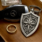 North Star Shield Silver Keychain, engraved front detail