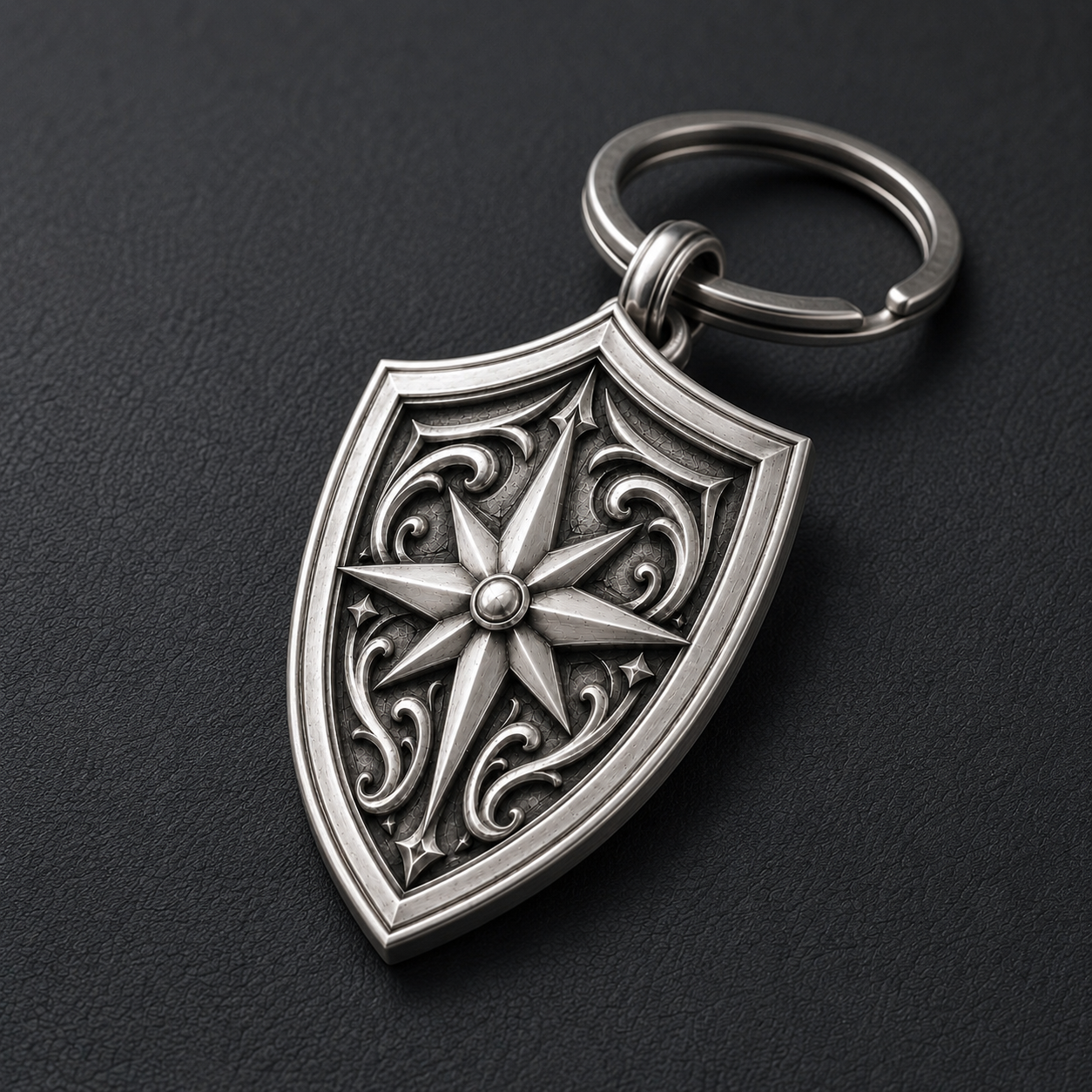 North Star Shield Silver Keychain, front product view