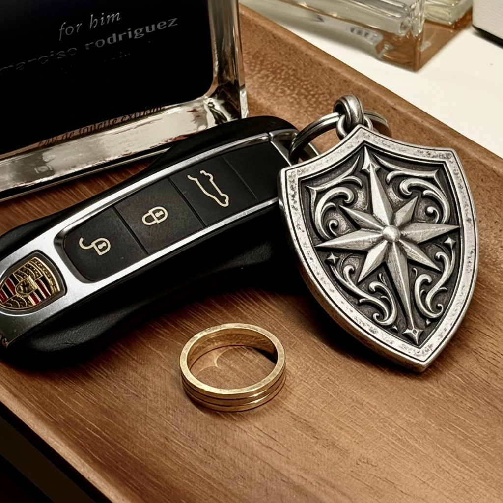 North Star Shield Silver Keychain, front view beside a car key