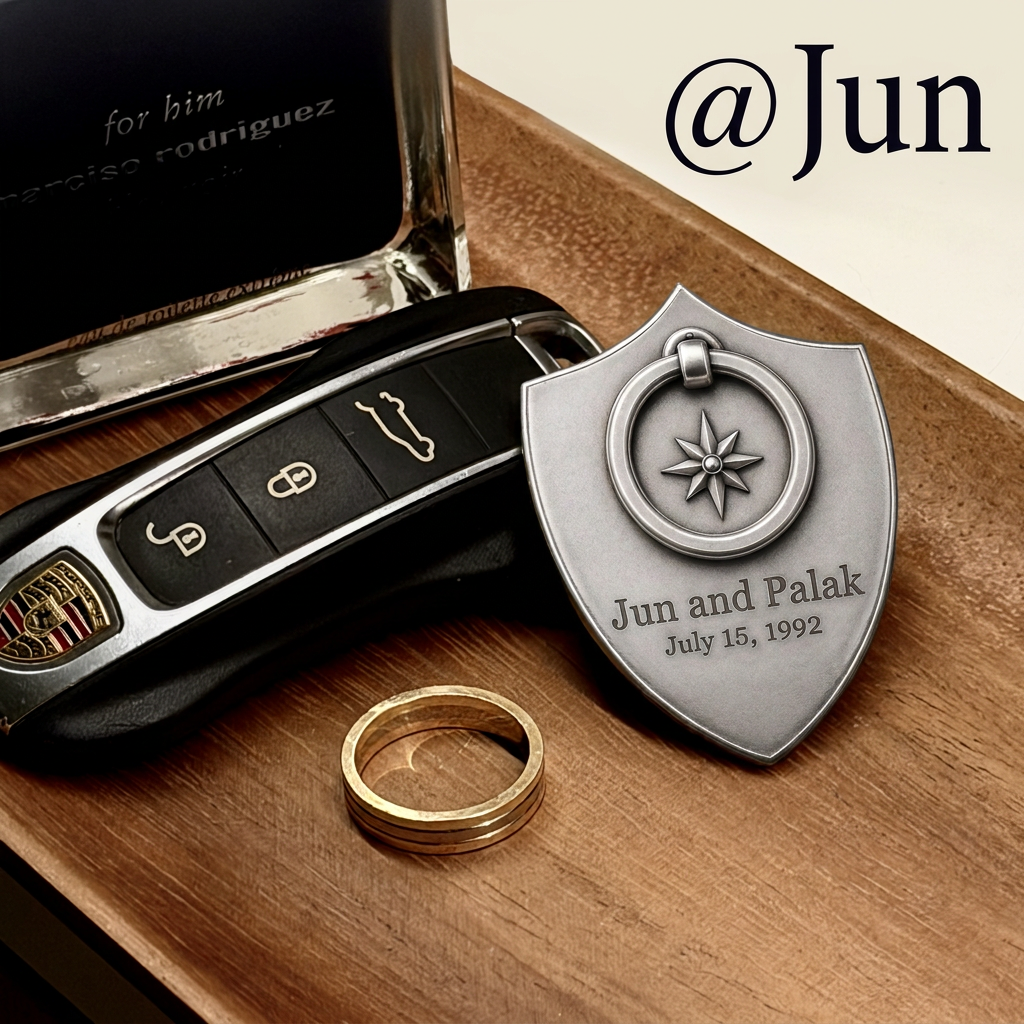 Personalized shield keychain beside a car key and ring