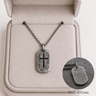 Personalized 925 Silver Dog Tag Cross Pendant, front view beside a car key