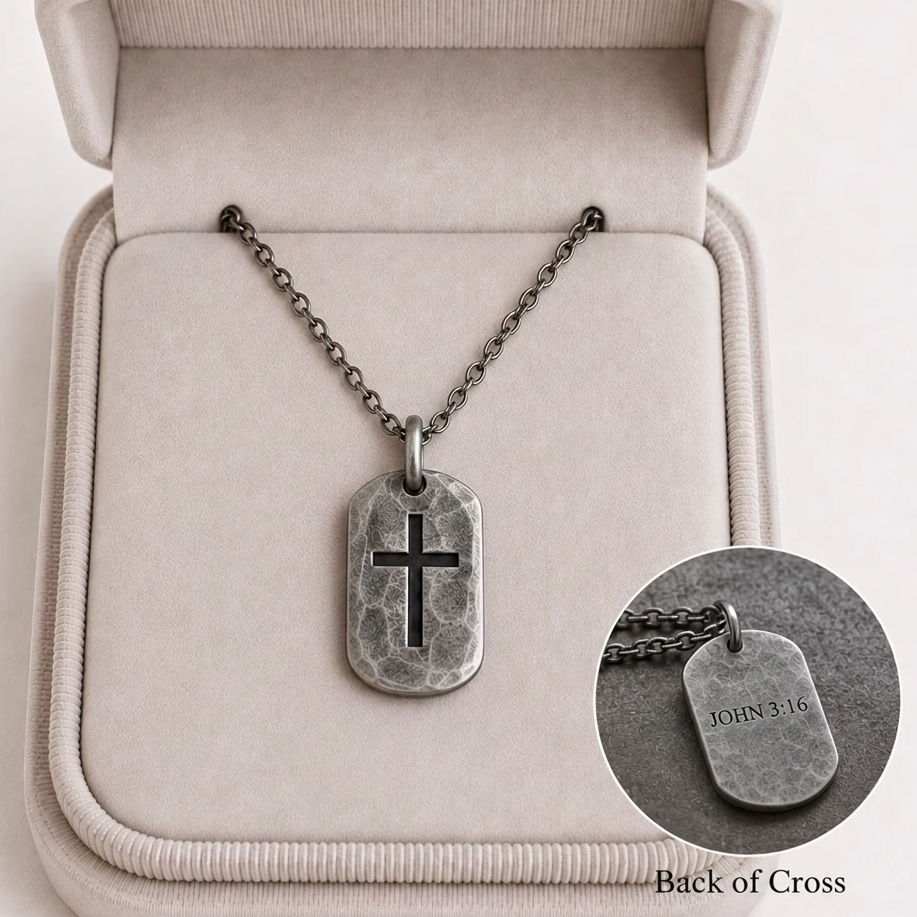 Personalized 925 Silver Dog Tag Cross Pendant, front view beside a car key