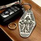 Personalized Cathedral Cross Silver Keychain, second personalization example