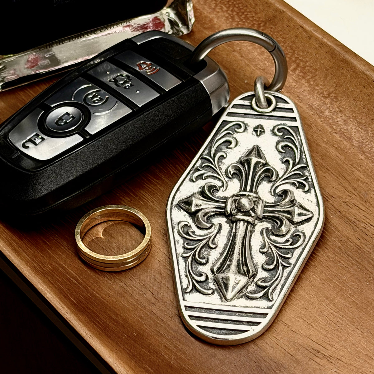 Personalized Cathedral Cross Silver Keychain, second personalization example