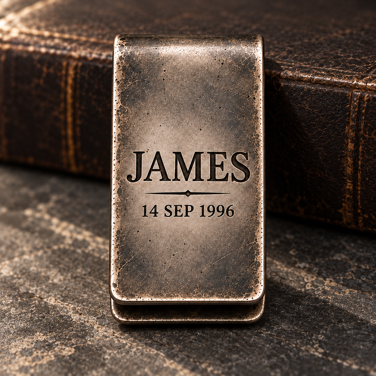 Personalized engraved money clip with deep name and date engraving in antique silver