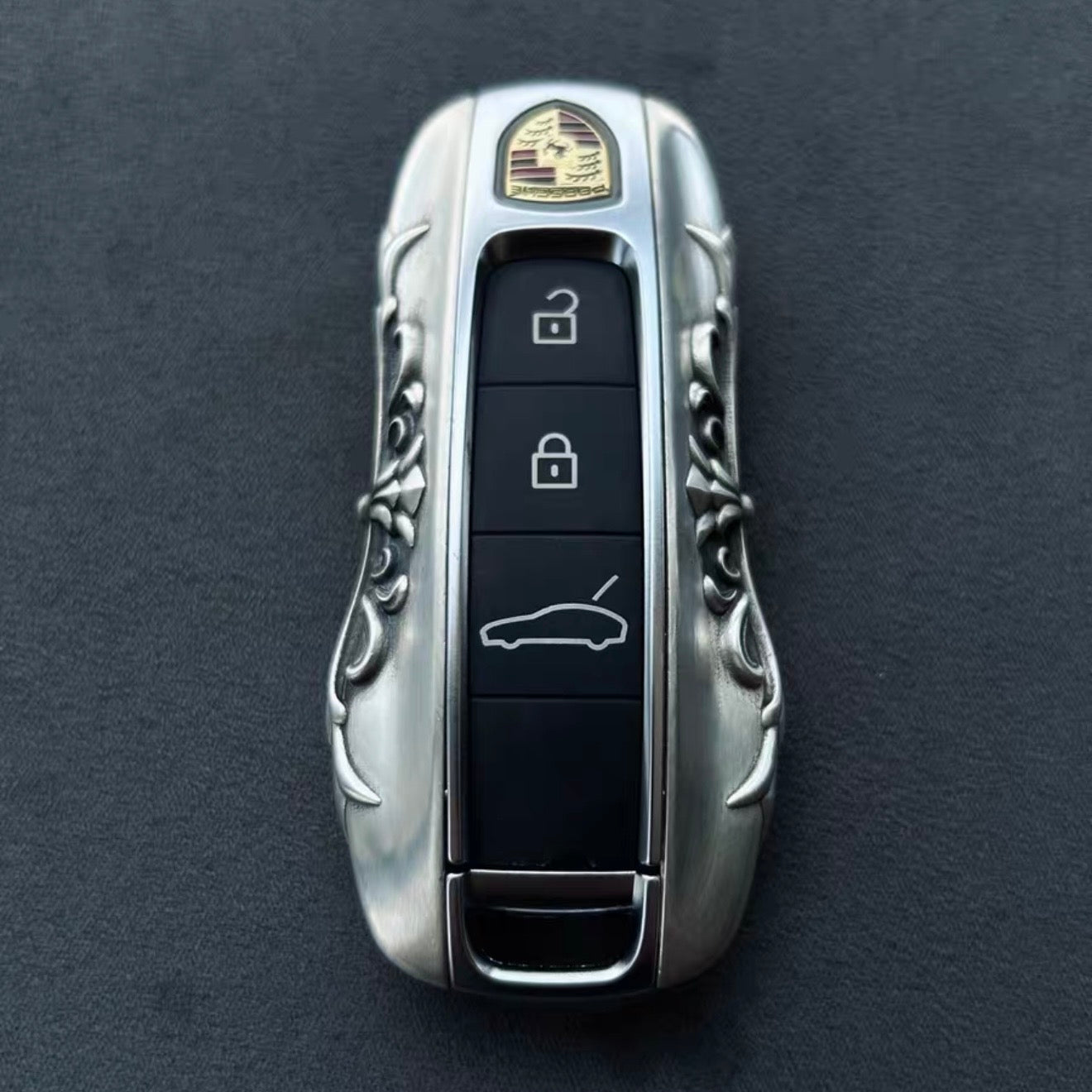 Engraving Detail on Handcrafted Silver Porsche Key Case - Precision Crafted Patterns Hand-Finished Surfaces Heirloom Quality