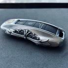 Three-Button Layout Cutout on Porsche Sterling Silver Key Shell - Precise Openings for Lock Unlock Trunk Release Buttons, Precision Fit Guarantee