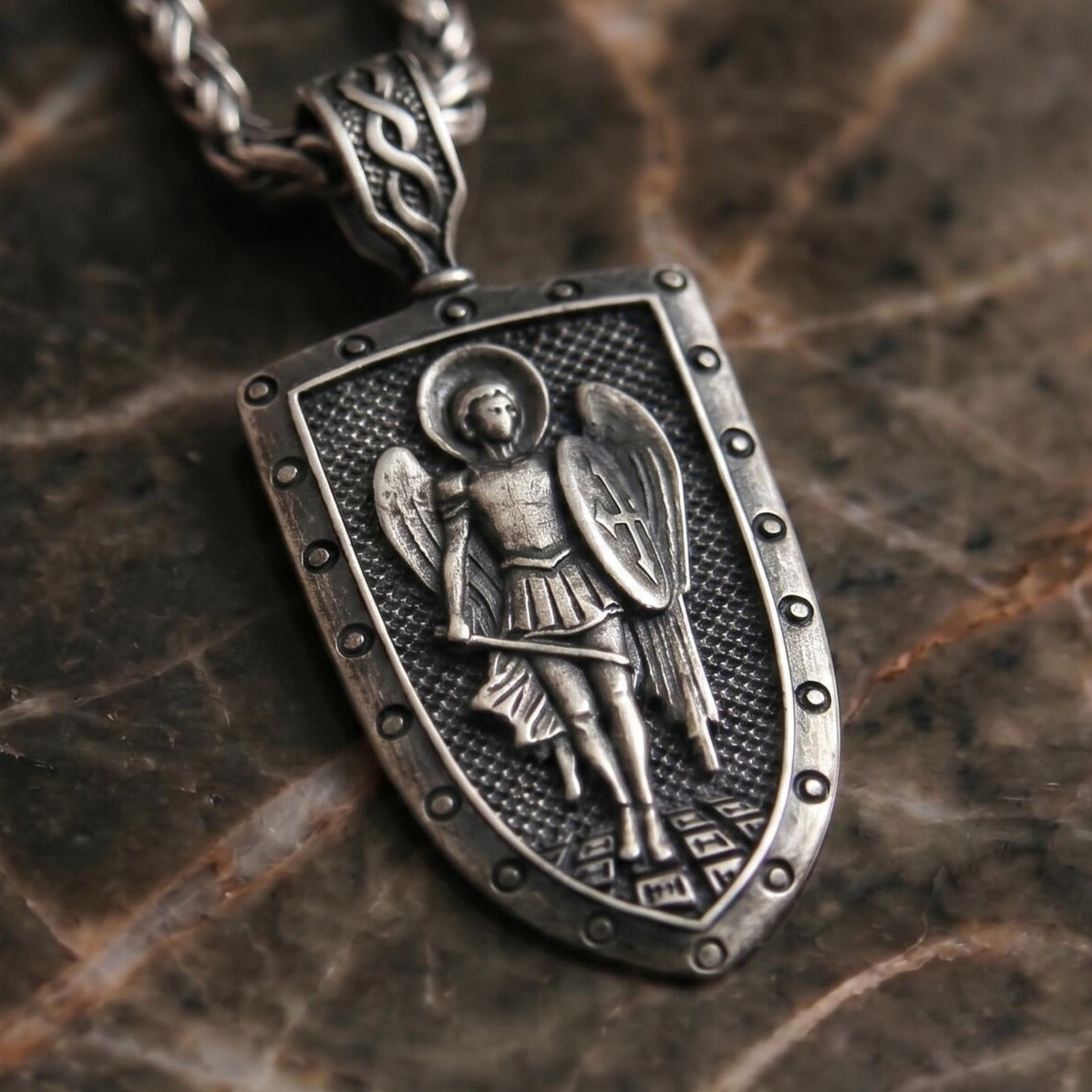 Saint Michael 925 Silver Shield Pendant, alternate front view