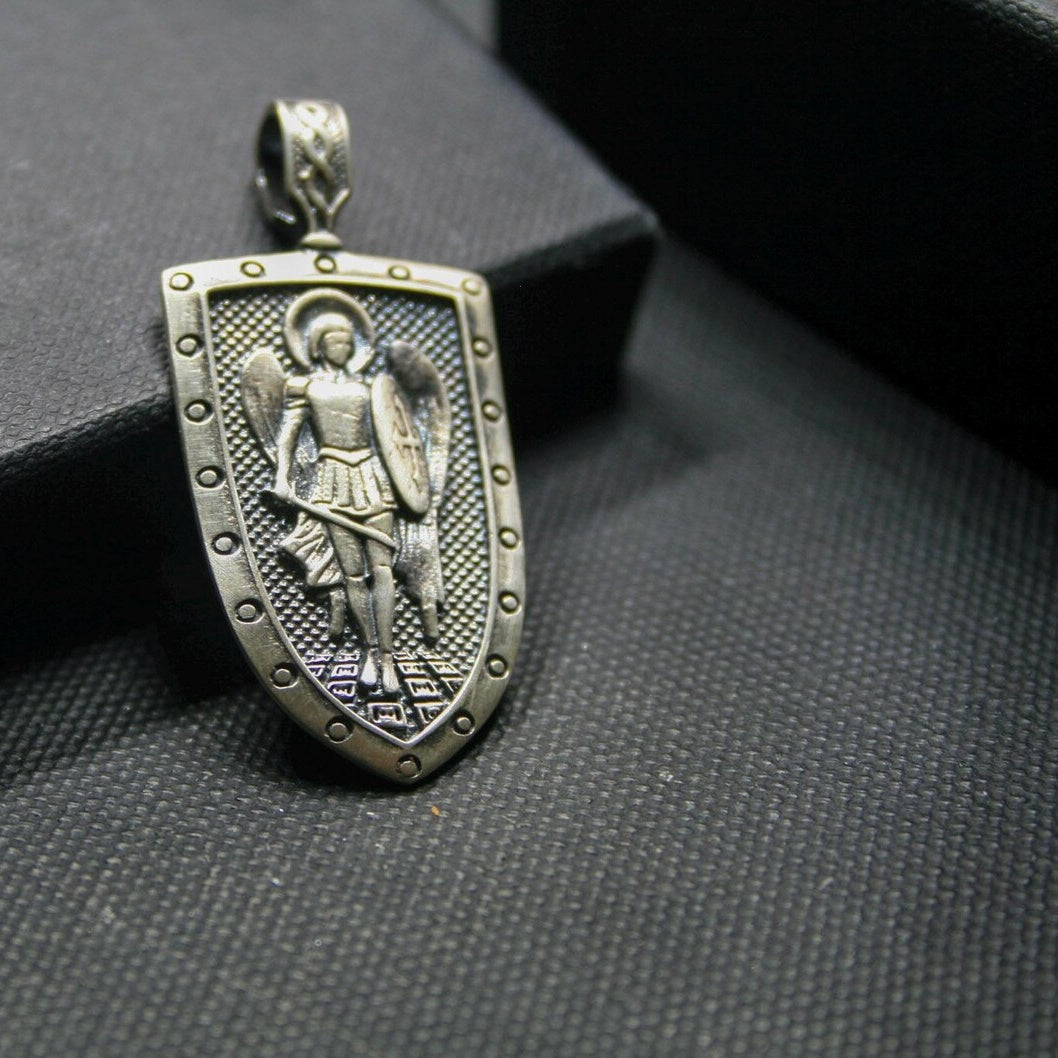 Saint Michael 925 Silver Shield Pendant, back or personalization view