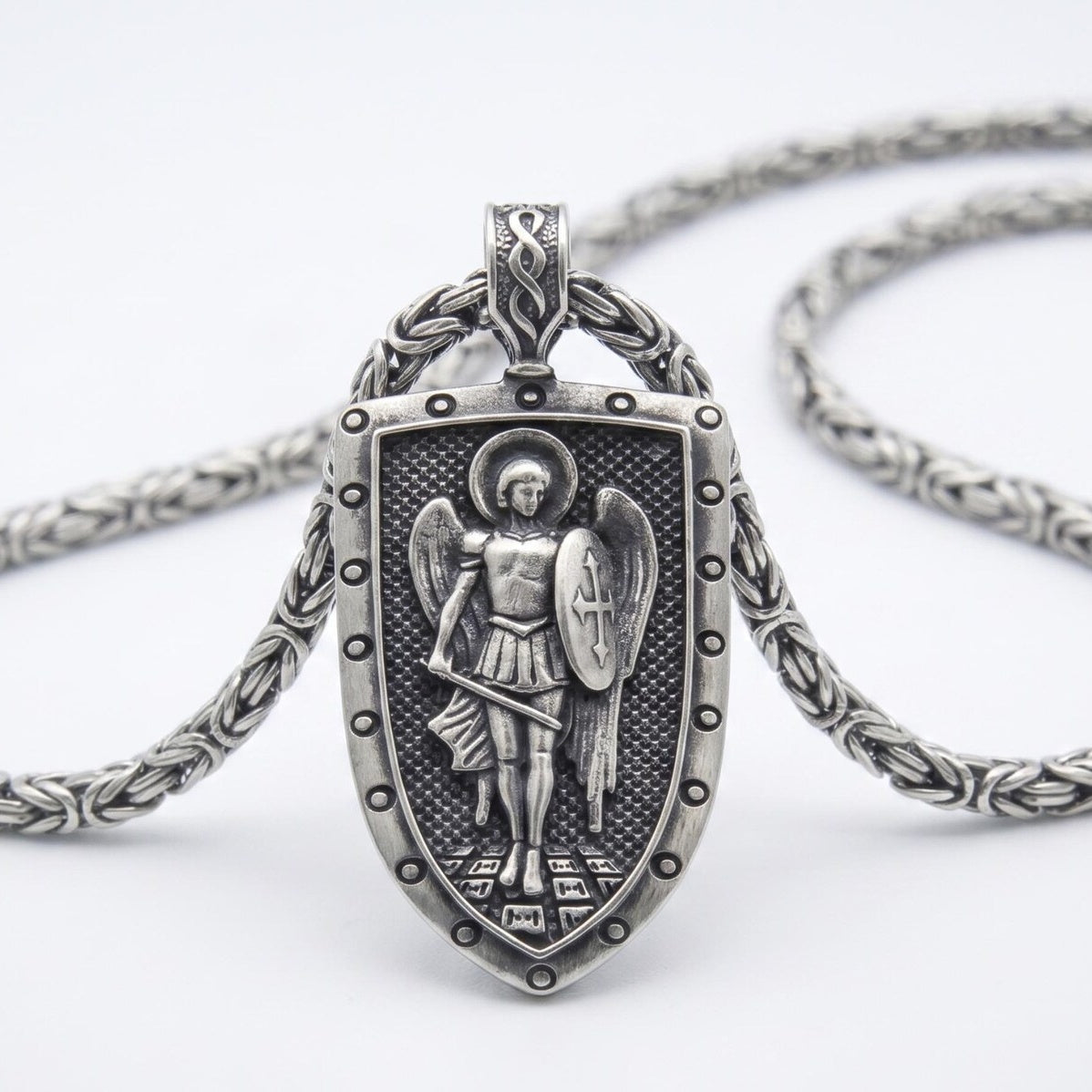 Saint Michael 925 Silver Shield Pendant, close-up detail