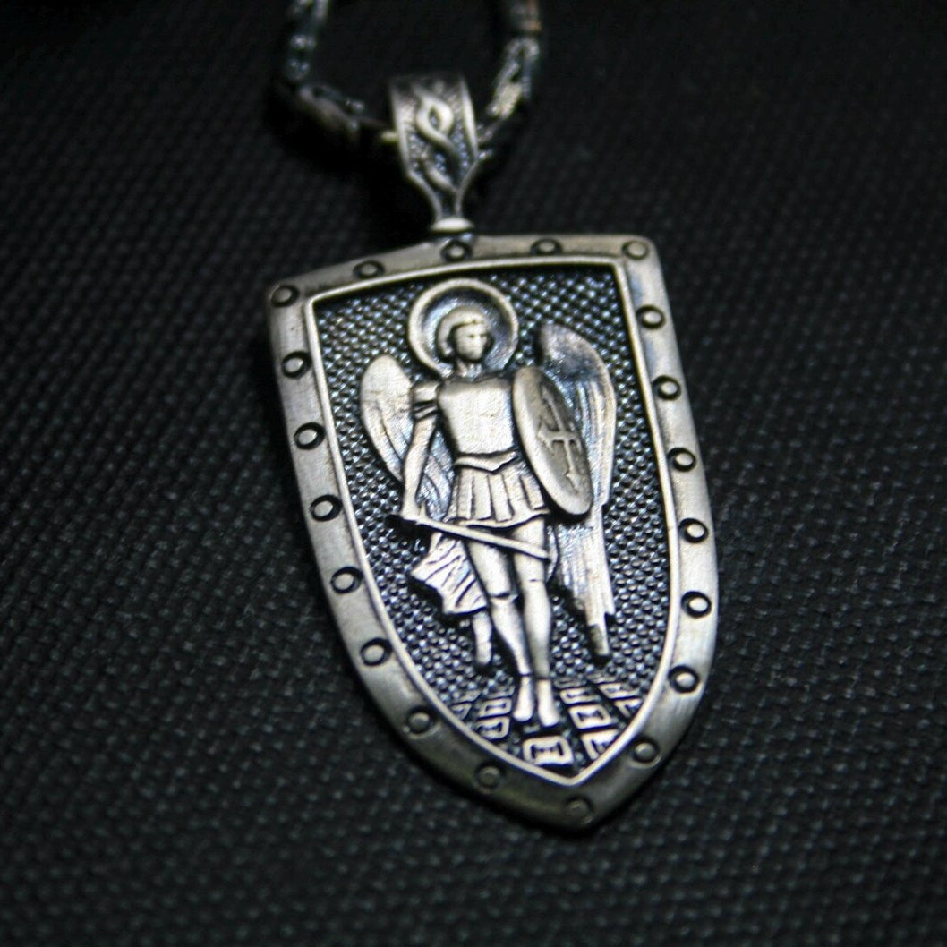 Saint Michael 925 Silver Shield Pendant, front view