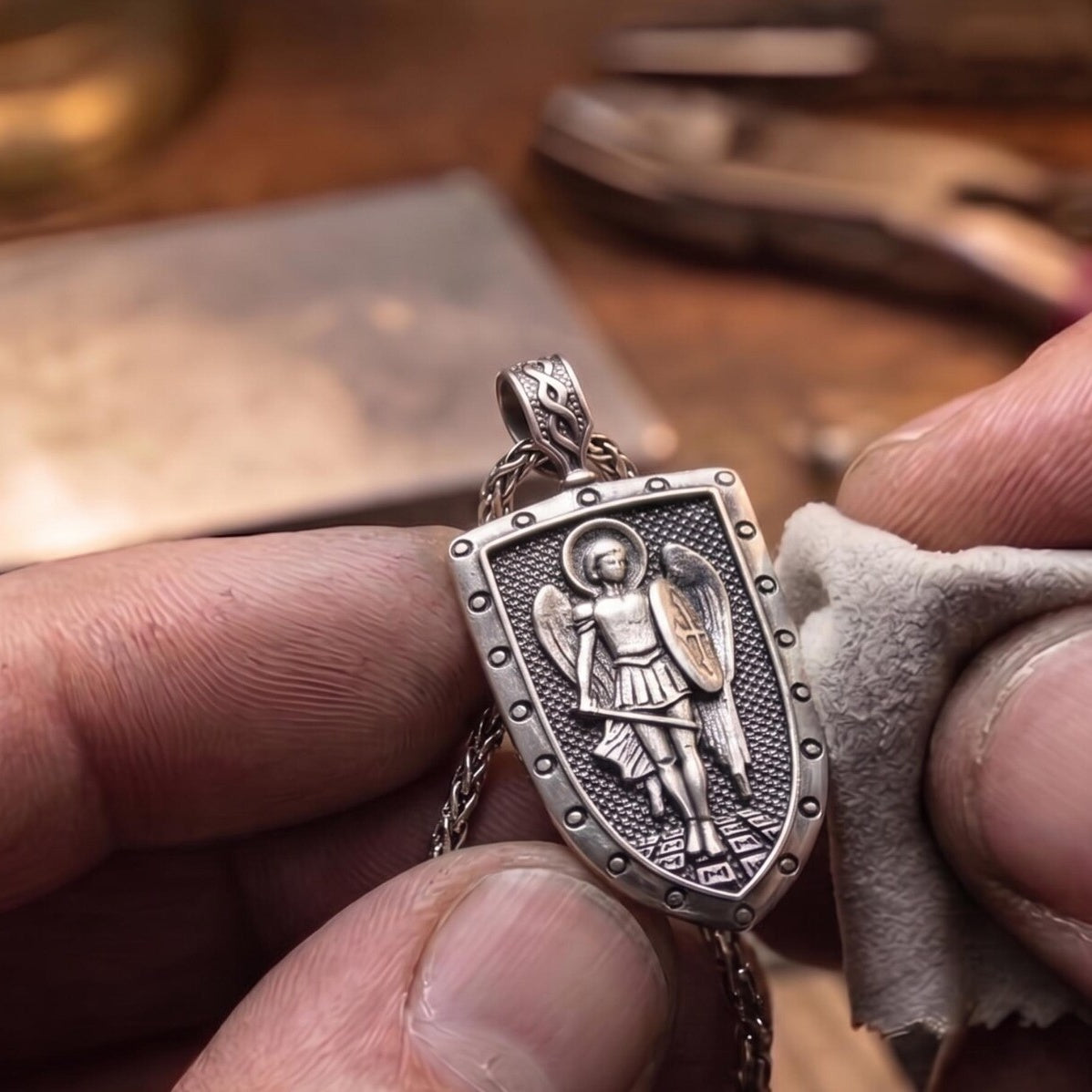 Saint Michael 925 Silver Shield Pendant, held for scale
